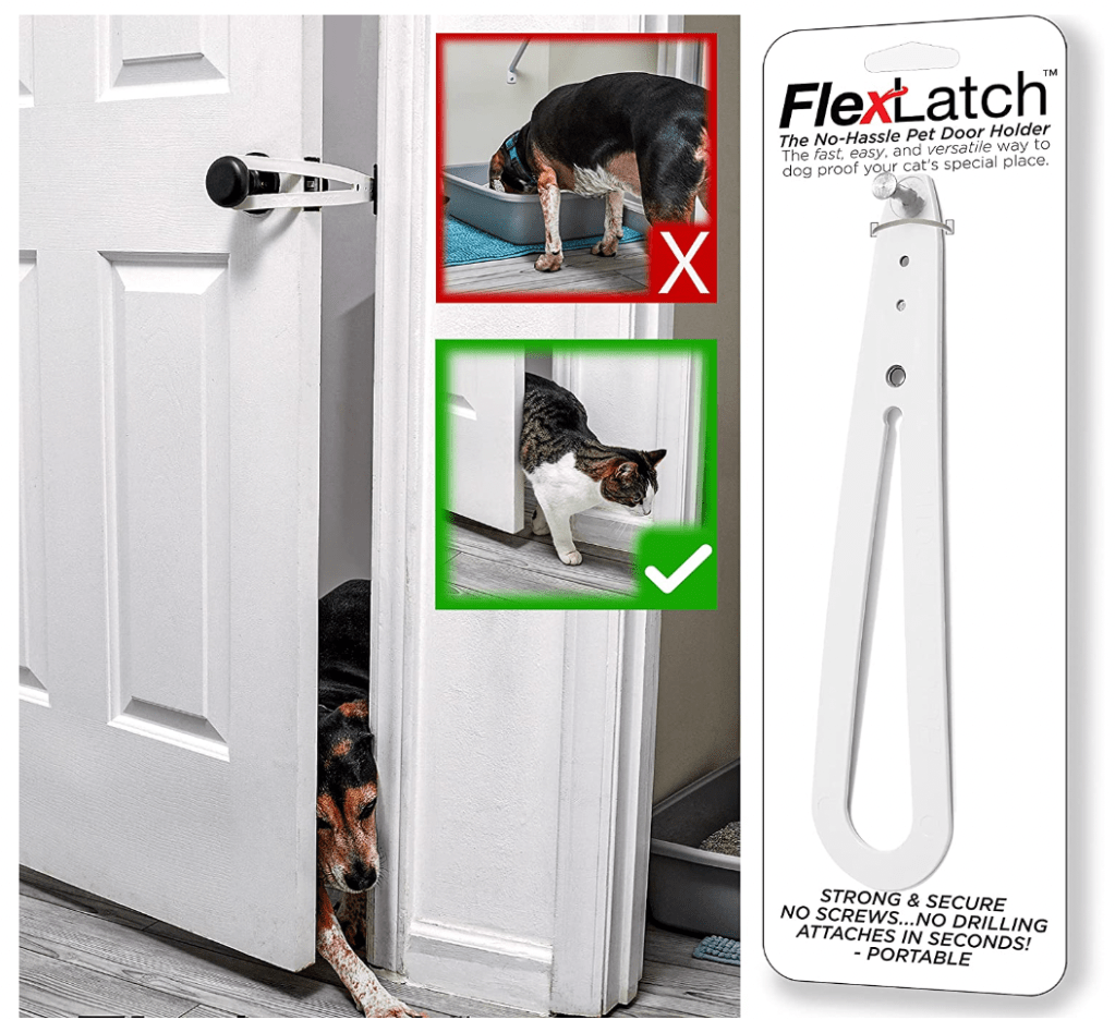 door latch that slides over door handle and slots into lock to hold door open enough for cats to get through