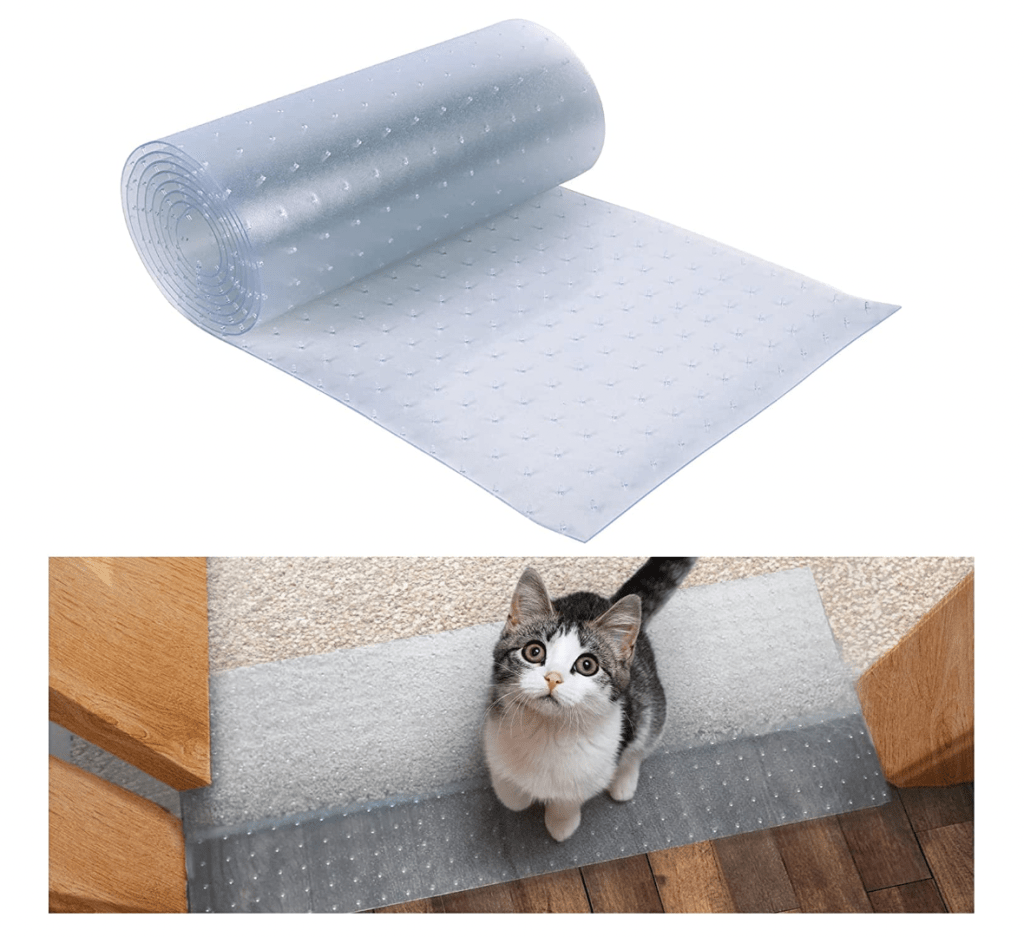 roll of plastic cat carpet protector on top and a cat sitting on plastic carpet protector below
